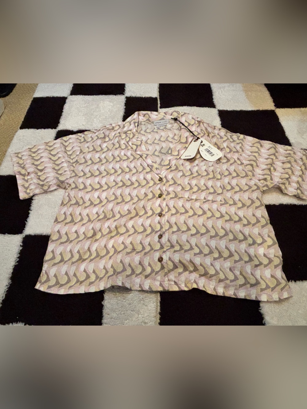 Prana Willow Retro Geo Short Sleeve Blouse in Light Pink and Cream